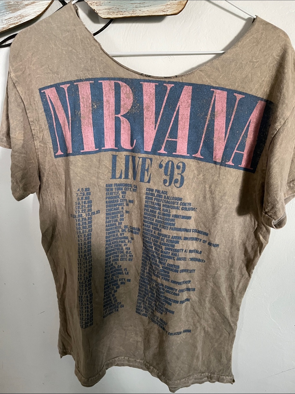 Nirvana Live '93 Tour Tee — Brown with Pink & Navy Print